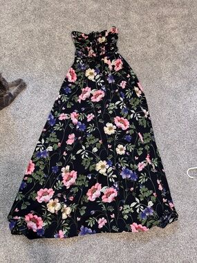 Express Black Strapless Floral Maxi Dress with Pink and Purple Blooms